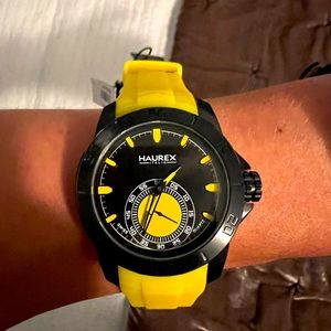 NWT Men’s Haurex Italy Acros Black & Yellow Watch - Stainless Case, Rubber Strap